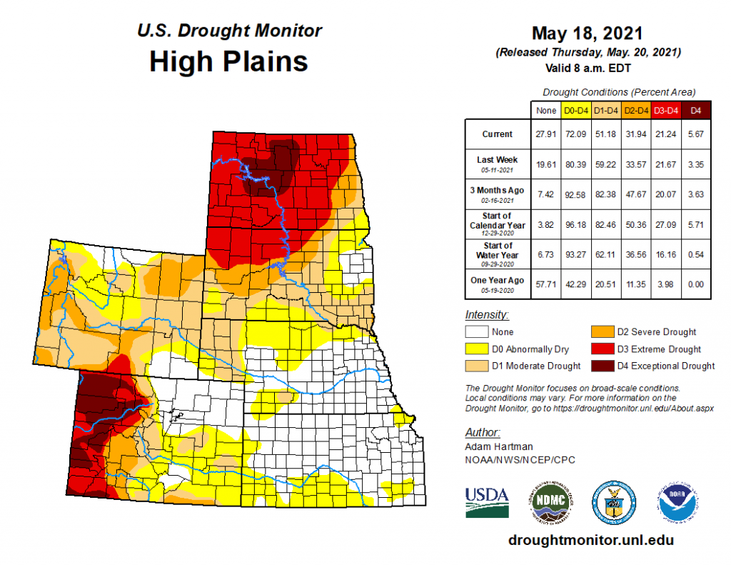 The High Plains is experiencing several drought levels from dry to extreme drought levels in May 2021.