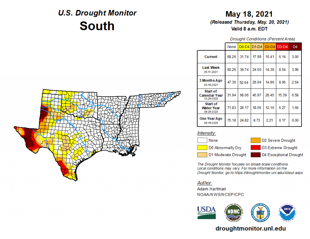 More than 30% of the South is experiencing some level of drought in May 2021.