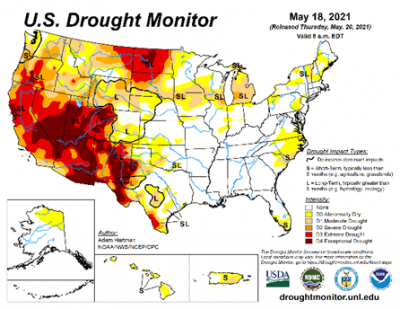 Map showing the areas in the USA that are in various levels of drought.