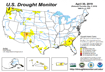 In May 2019, most regions in the USA did not manifest any drought. The difference in drought levels is huge when compared to the data above from May 2021. More than 50% of the USA is experiencing a variety of drought levels. Only the white colored areas are not experiencing drought.