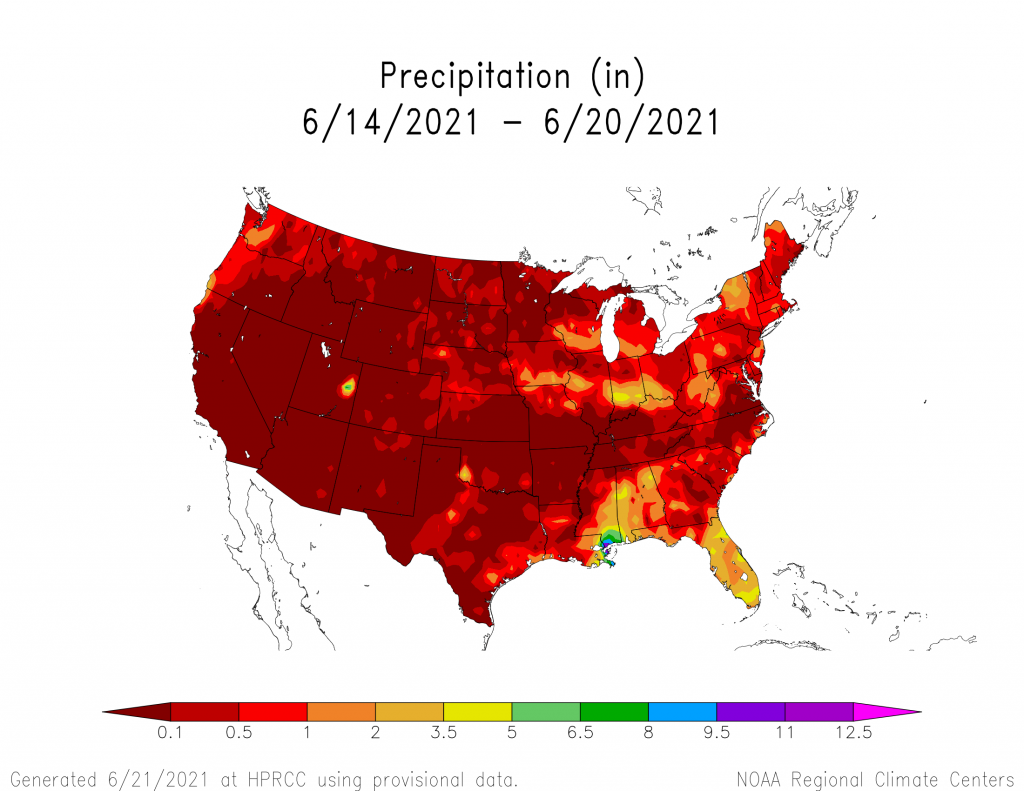 In most of the USA, the amount of rain in the last seven days was very low.