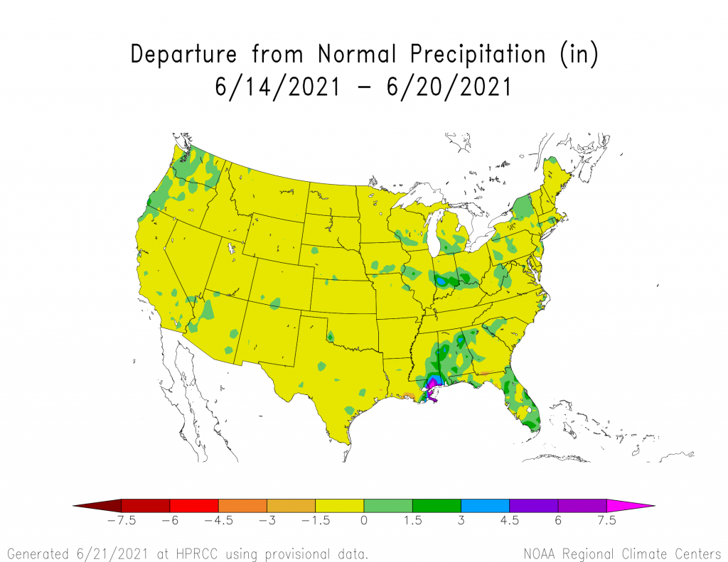 Rainfall in the last seven days is in large areas of the US below normal amounts of rain.