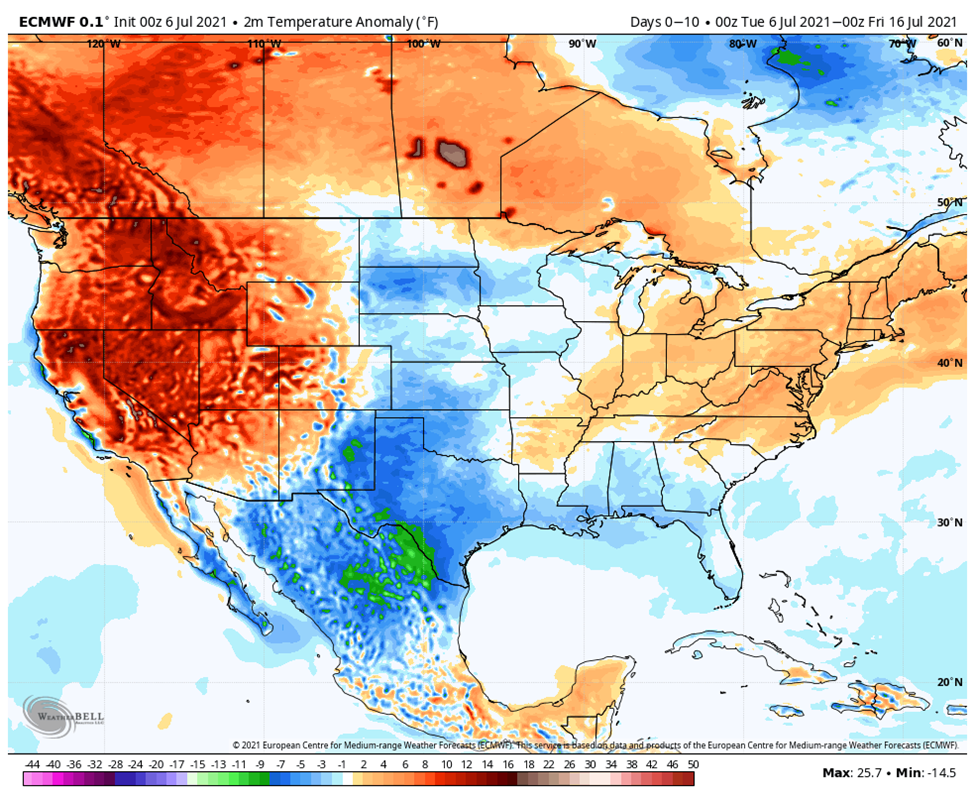 10 day temperature difference forecast