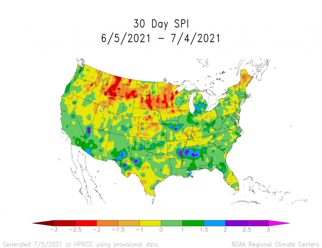 30 day rain change from normal SPI index