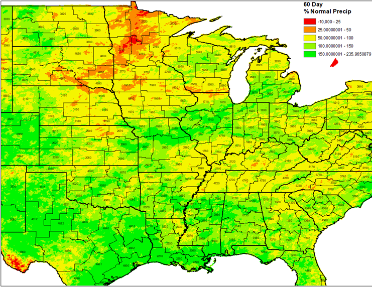 60 day precipitation percentage of normal