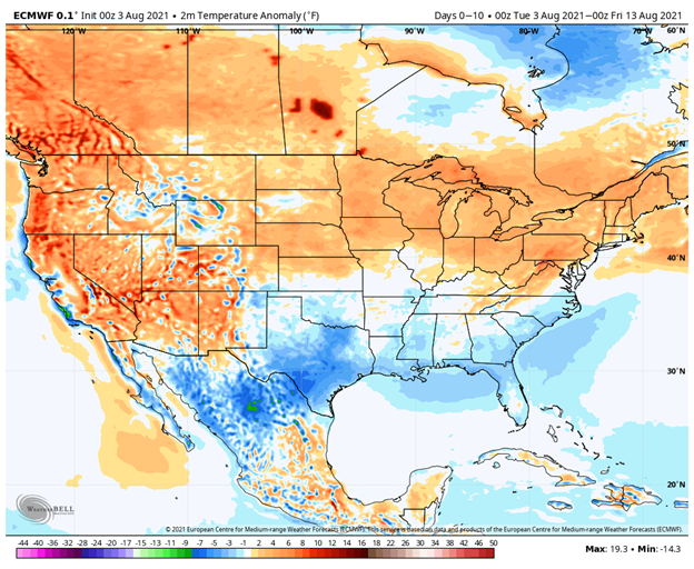 Forecasted temperature anomaly in F until August 13, 2021