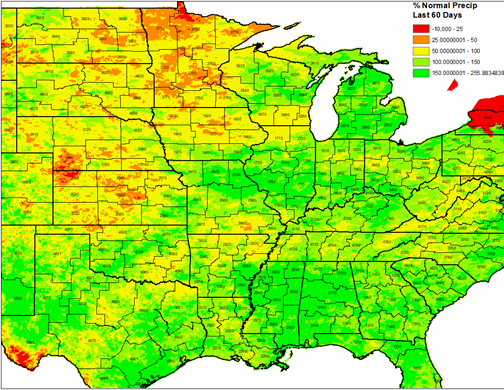 Percentage normal precipitation received over the last 60 days