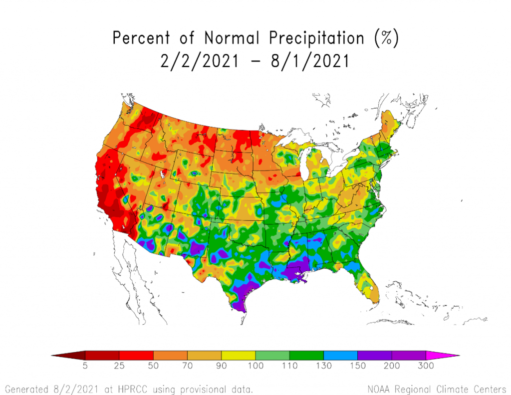 Percent of normal precipitation last six months