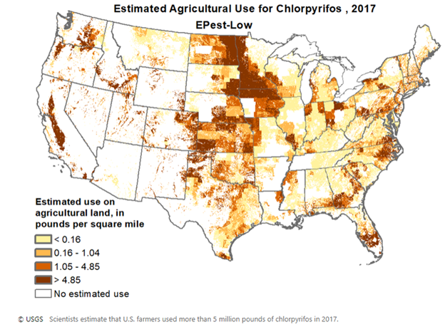 Estimated Agricultural use for chlorpyrifos in 2017 and the impact the cancelation has