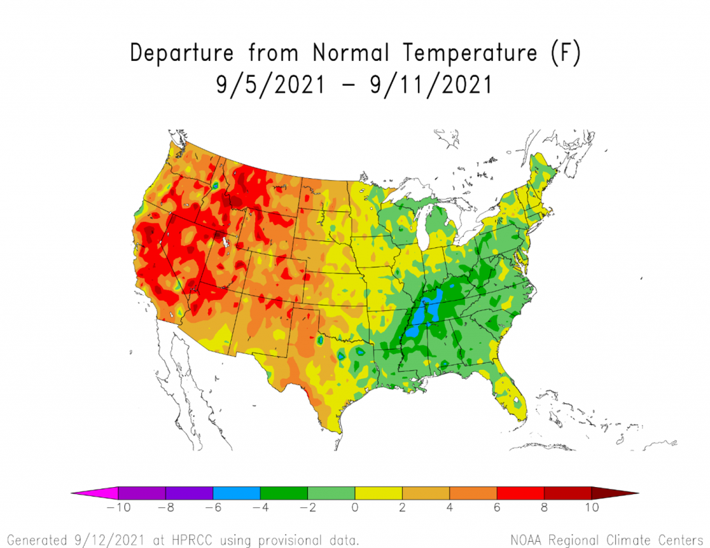 The temperature in the last week has been warmer then normal over the Midwest and Western states