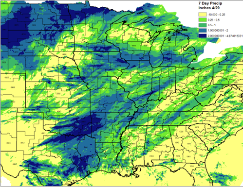 The map below highlights the variation in 7-day precipitation over the central USA