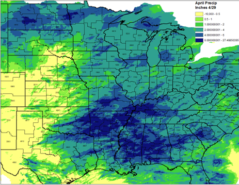 April precipitation was a high as 27" in total in some areas of the central USA