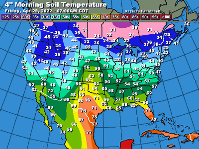 Soil temperature across the USA on Friday April 29, 2022