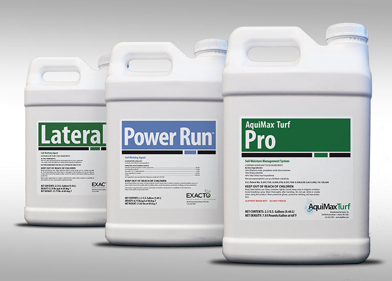 Exacto branded soil wetting agents AquiMax Turf Pro, Power Run and Lateral