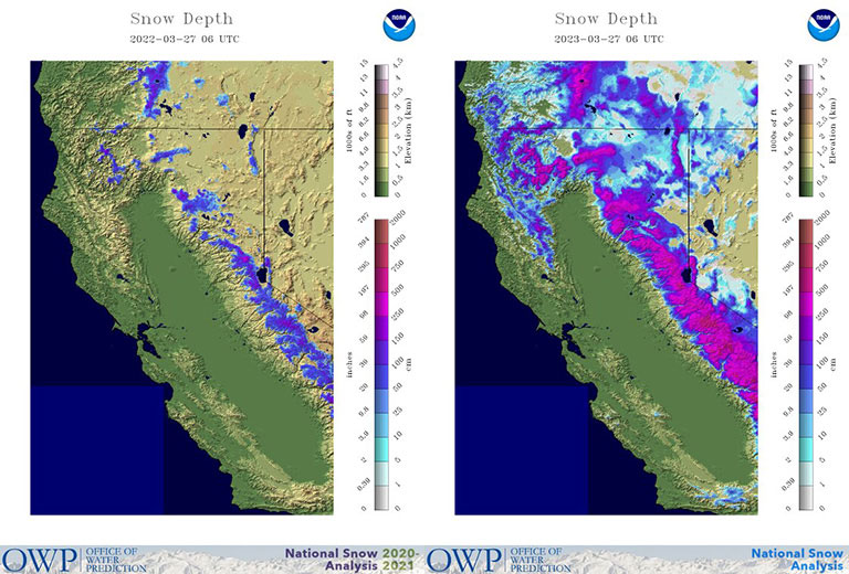 2022 vs 2023 northern california snow depth