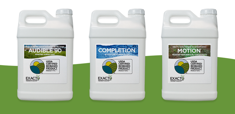 Exactos USDA Certified Biobased Products are COMPLETION, AUDIBLE 90, and MOTION