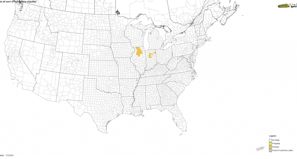 Corn tar spot infected counties at end of season 2015 from impPIPE