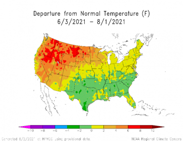 Departure from normal temperature in the past two months