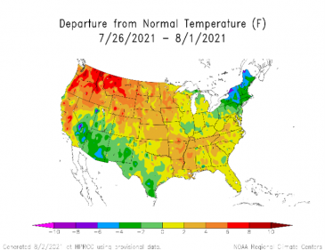 Departure from normal temperature in the past week