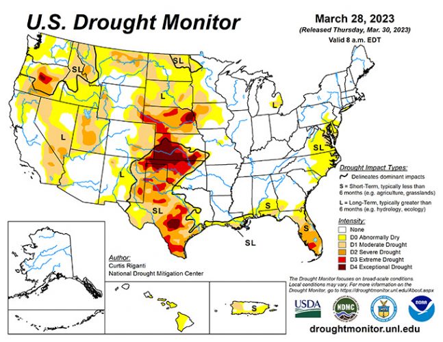 drought monitor march 28 2023, exceptional drought in Kansas, Oklahoma, Texas